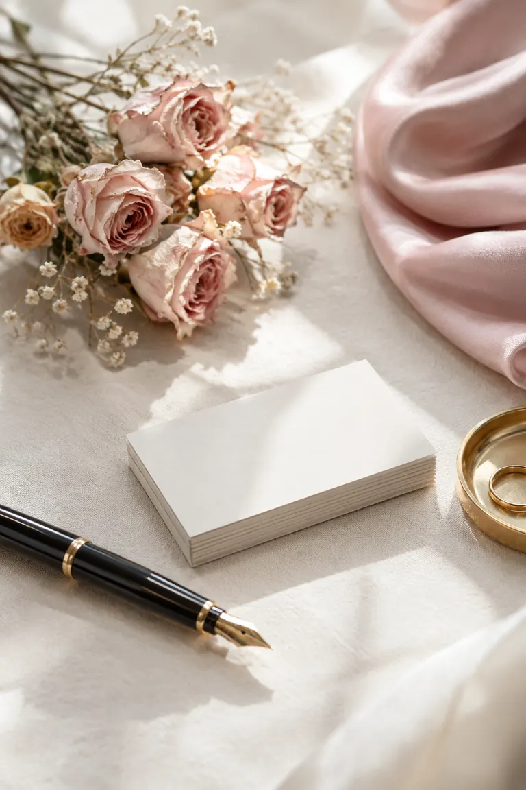 Nature morte élégante avec cartes de visite vierges, stylo plume et roses séchées