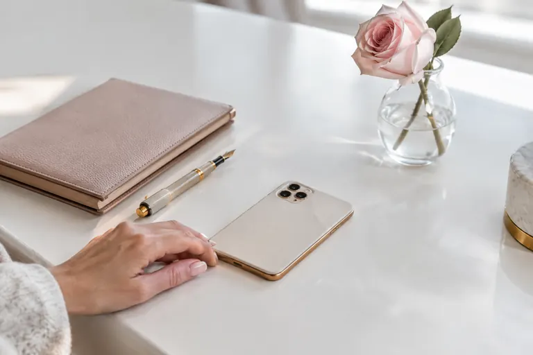Bureau blanc élégant avec smartphone retourné, carnet en cuir et rose poudrée
